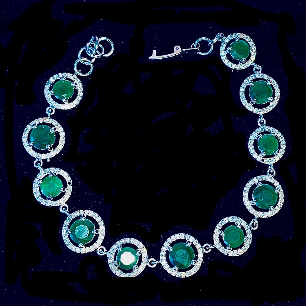 Elegant Genuine Emerald, Topaz 925 Sterling Silver Bracelet